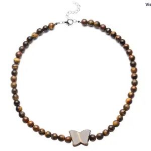 Tiger's Eye Beaded Butterfly Shape Necklace 18-20 Inches in Silvertone